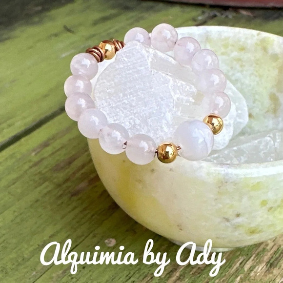 Pink Quartz white opal beaded handmade dainty ring band - Picture 1 of 8